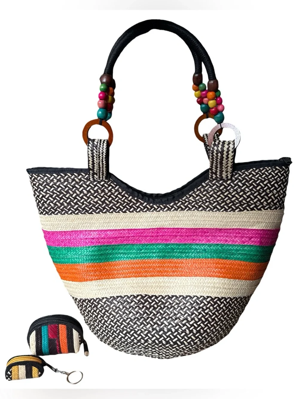 Columbian Cana Flecha Straw Tote with Zipper Closure, & 2 Matching Mini Bags